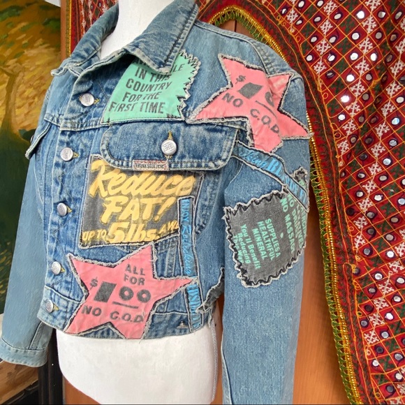 Frank Scozzese 1980 Vintage Cropped Jeans Denim Jacket Button front patchwork - Picture 1 of 15